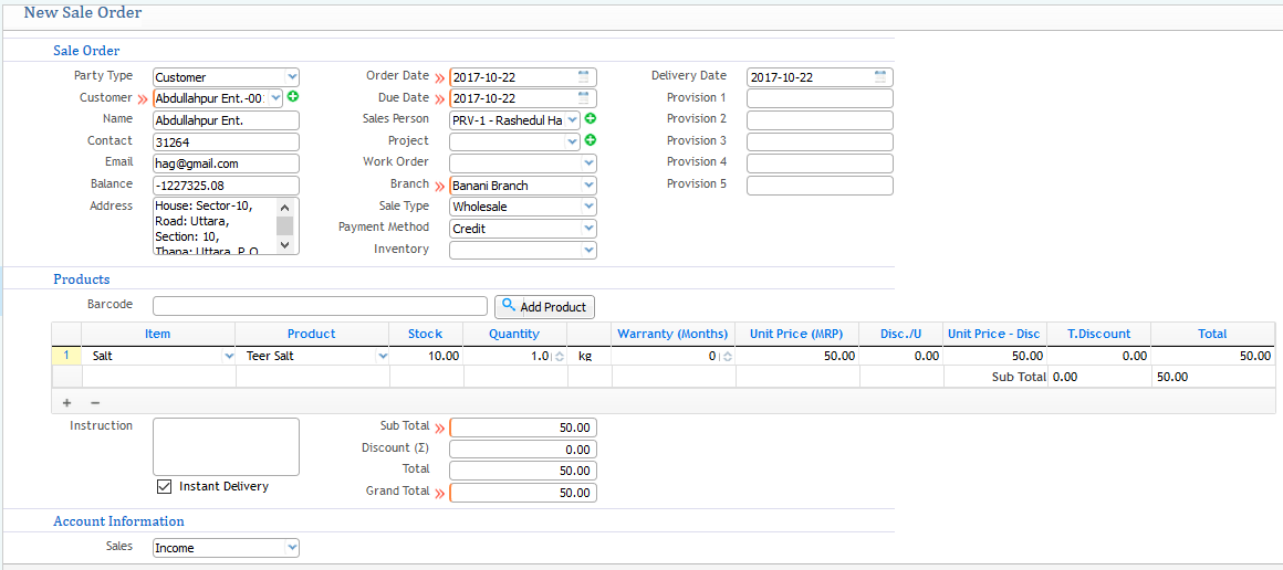 Sale Order of Products to Customer